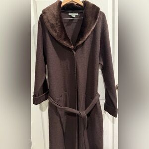 Elegant Brown Cardigan Coatigan 100% Wool w Removable Faux Fur Collar pockets